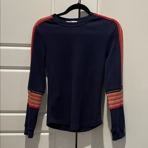 Navy Long Sleeve Slim fit Top with Red,yellow,org sweater accents on  sleeves.